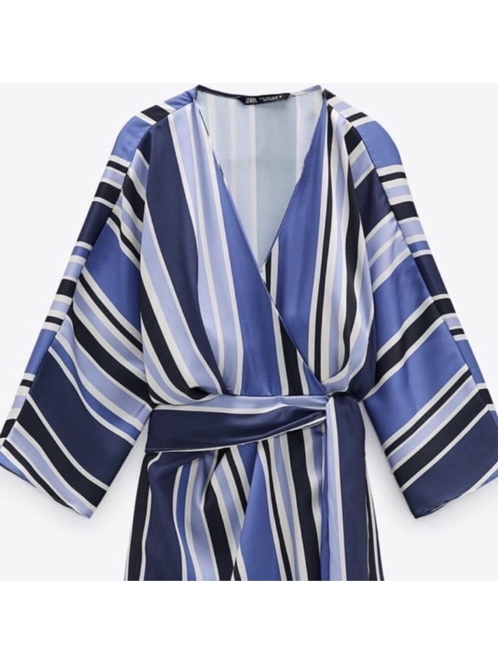 Zara Satin Striped Skort Romper Blue White Wrap V Neck NWT Size Small - Picture 4 of 16